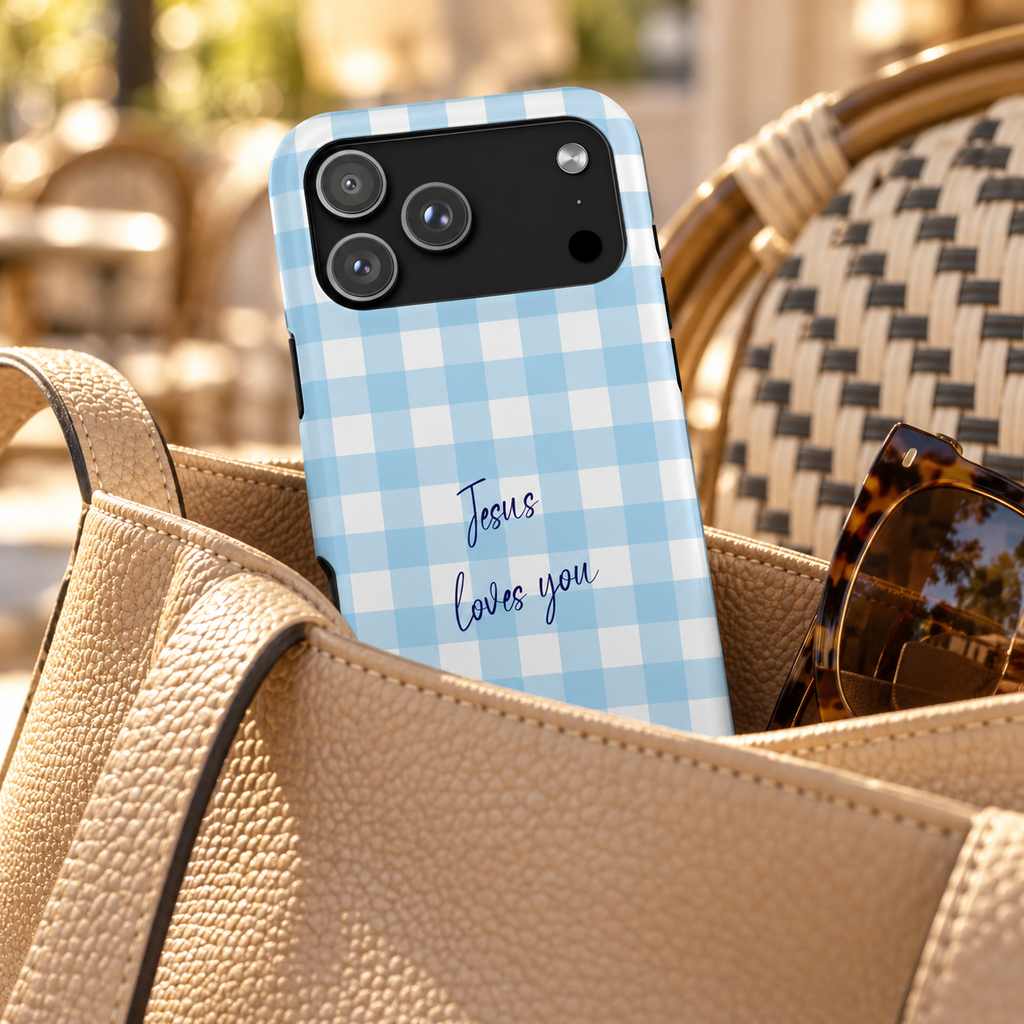 Jesus Loves You phone case with card holder, Jesus Loves You script on baby blue gingham, lifestyle photo in a handbag