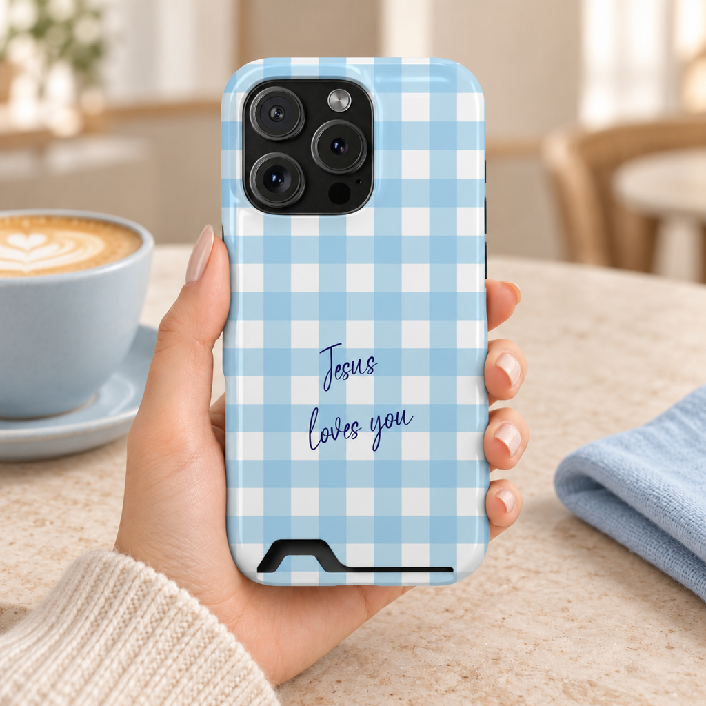 Jesus Loves You phone case with card holder, Jesus Loves You script on baby blue gingham, lifestyle photo in hand with coffee
