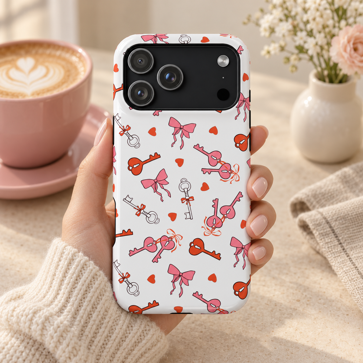 Key to My Heart protective phone case, vintage keys, little hearts and pink bows on white, lifestyle photo in hand with coffee