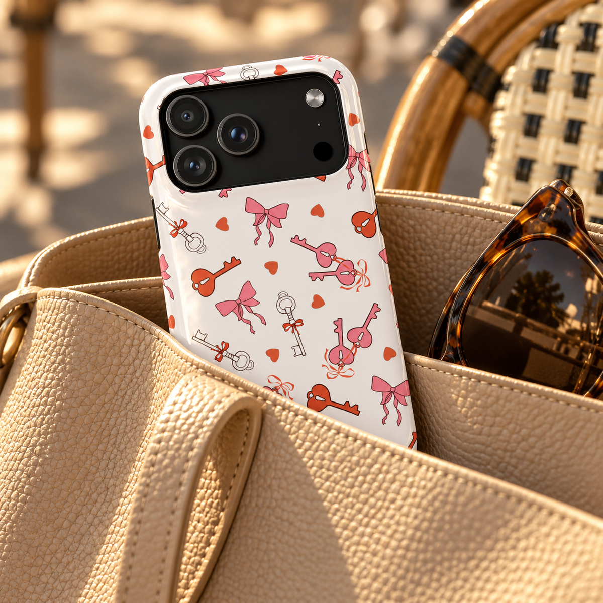 Key to My Heart phone case with card holder, vintage keys, little hearts and pink bows on white, lifestyle photo in a handbag