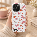 Key to My Heart phone case with card holder, vintage keys, little hearts and pink bows on white, lifestyle photo in hand with coffee