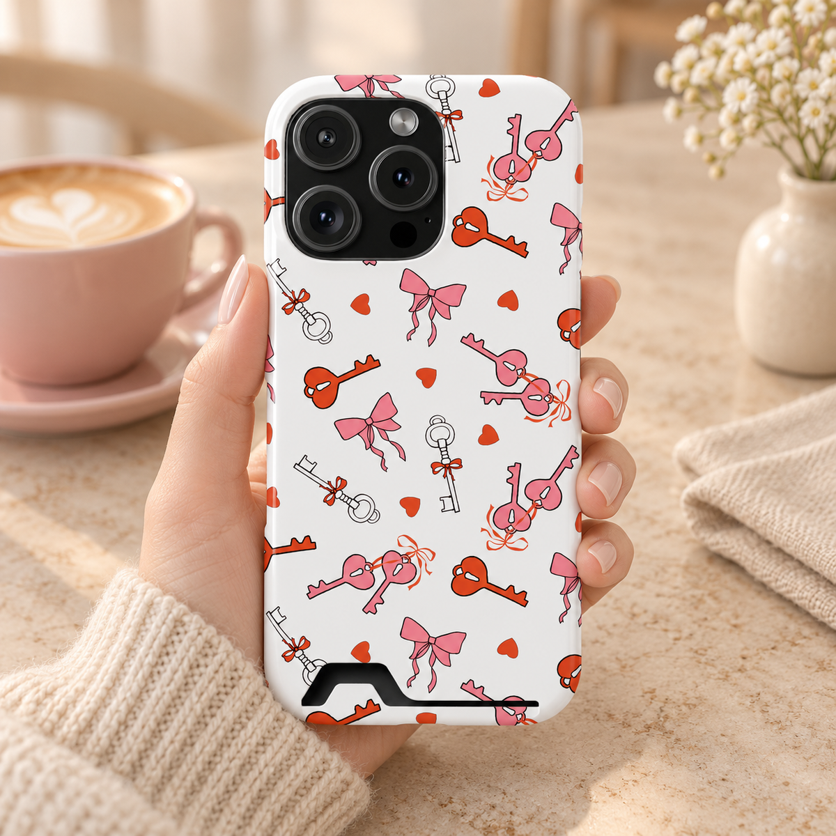 Key to My Heart phone case with card holder, vintage keys, little hearts and pink bows on white, lifestyle photo in hand with coffee