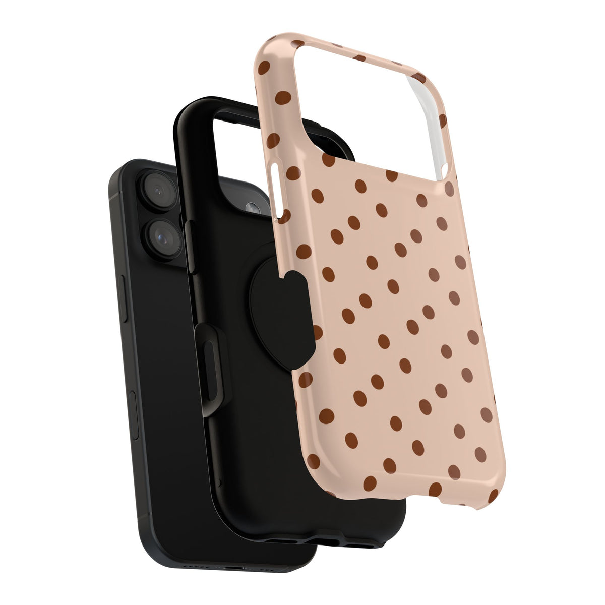 Latte Polka Dot protective phone case, close-up of the dual-layer construction