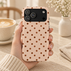 Latte Polka Dot MagSafe case, brown polka dots on latte beige, lifestyle photo in hand with coffee