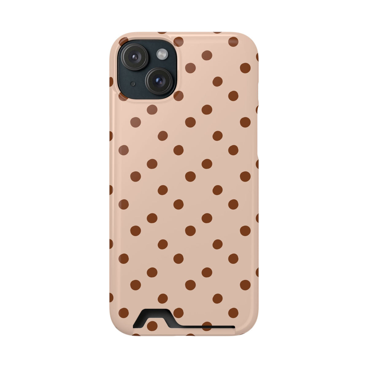Latte Polka Dot phone case with card holder for iPhone 15 Plus, glossy finish