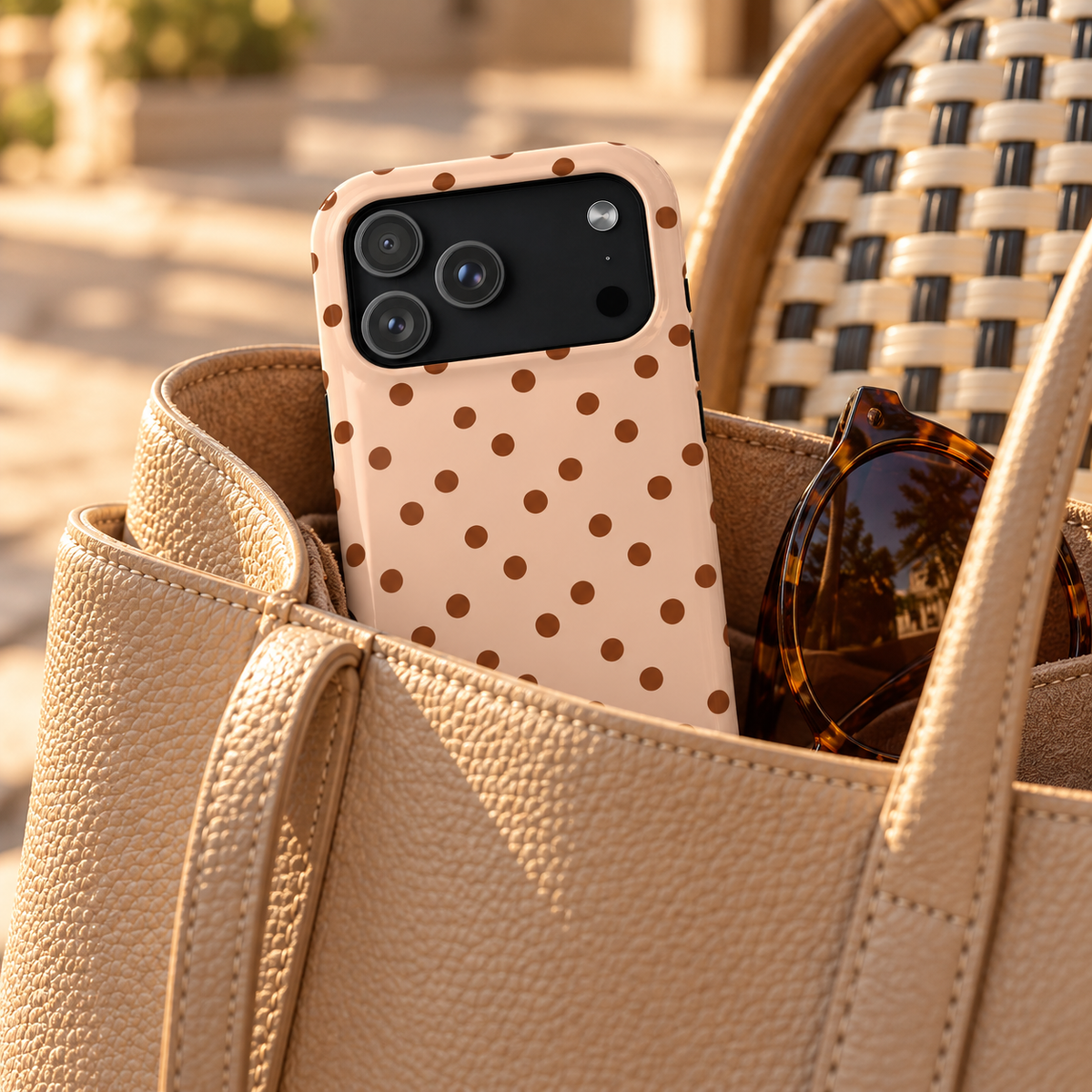 Latte Polka Dot phone case with card holder, brown polka dots on latte beige, lifestyle photo in a handbag
