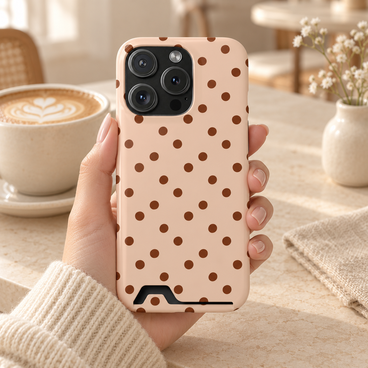Latte Polka Dot phone case with card holder, brown polka dots on latte beige, lifestyle photo in hand with coffee
