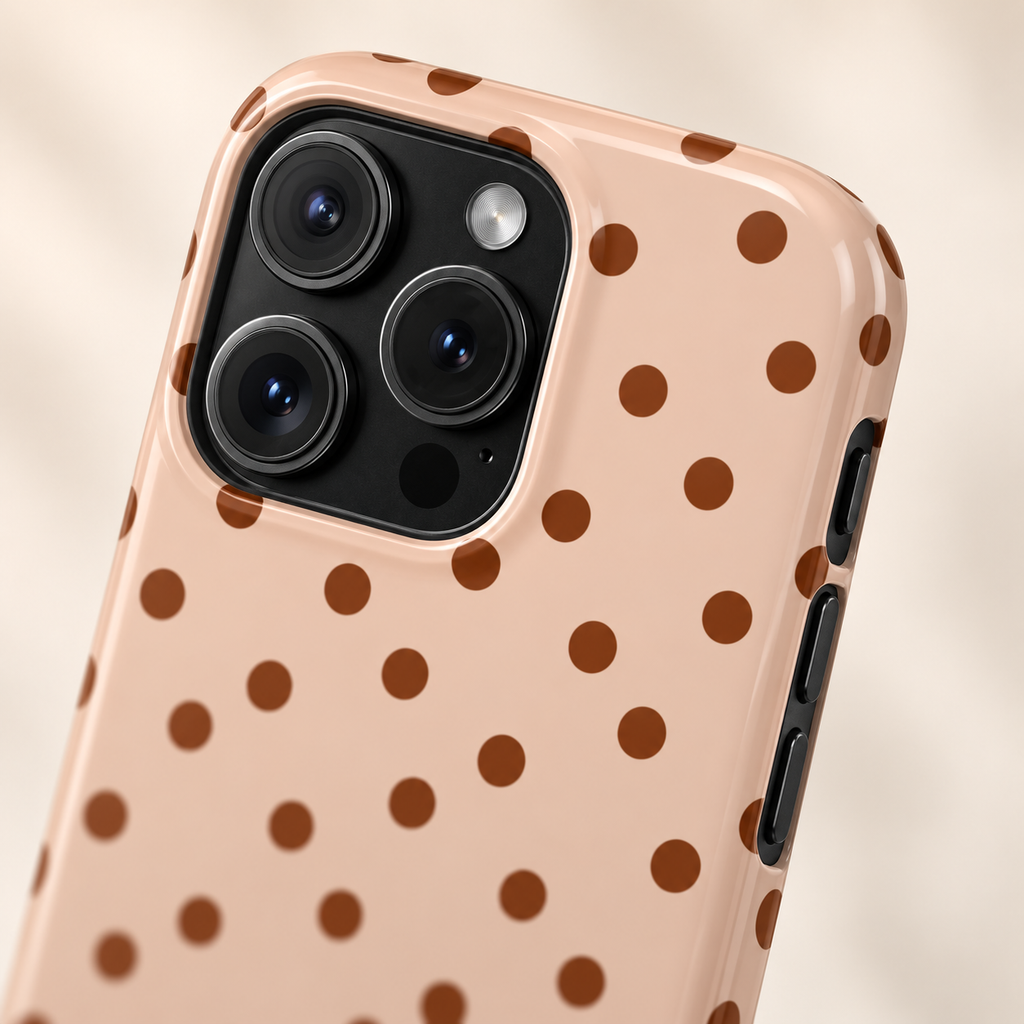 Latte Polka Dot phone case with card holder, brown polka dots on latte beige, lifestyle close-up of the camera