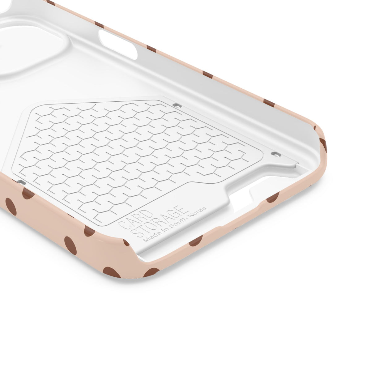 Latte Polka Dot phone case with card holder for iPhone 13, glossy finish