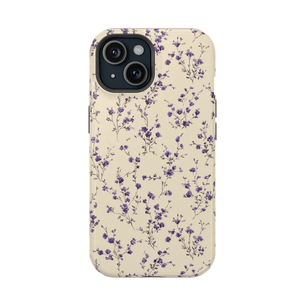 Lavender Ditsy protective phone case for iPhone 15, glossy finish