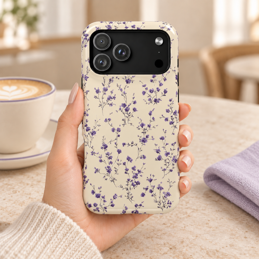 Lavender Ditsy protective phone case, tiny lavender flowers on cream, lifestyle photo in hand with coffee