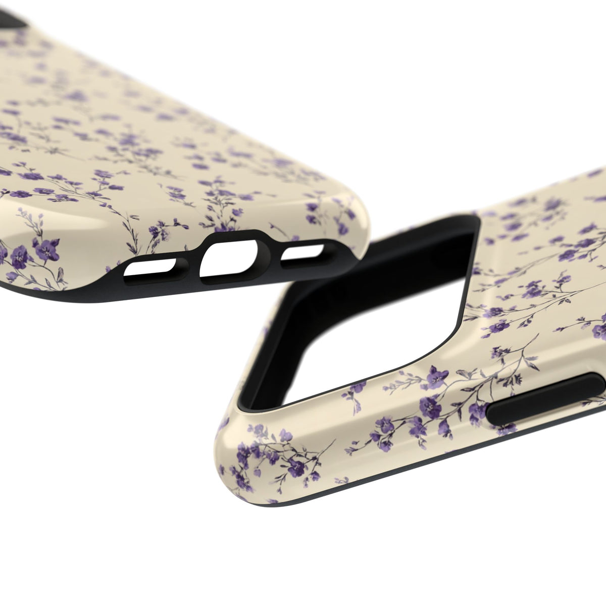 Lavender Ditsy protective phone case, close-up at an angle