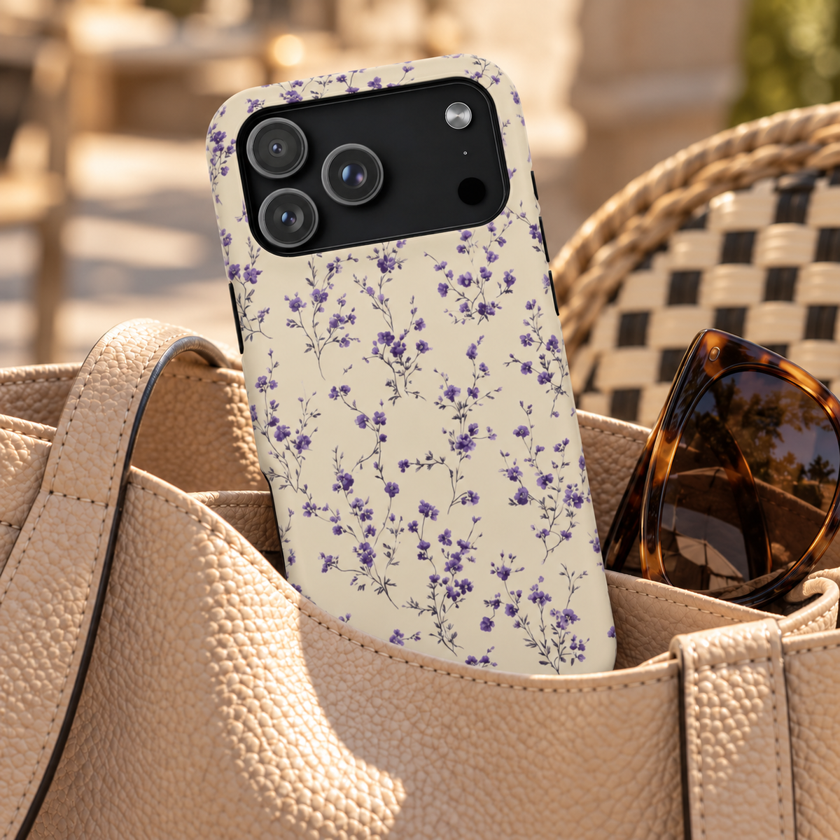 Lavender Ditsy MagSafe case, tiny lavender flowers on cream, lifestyle photo in a handbag