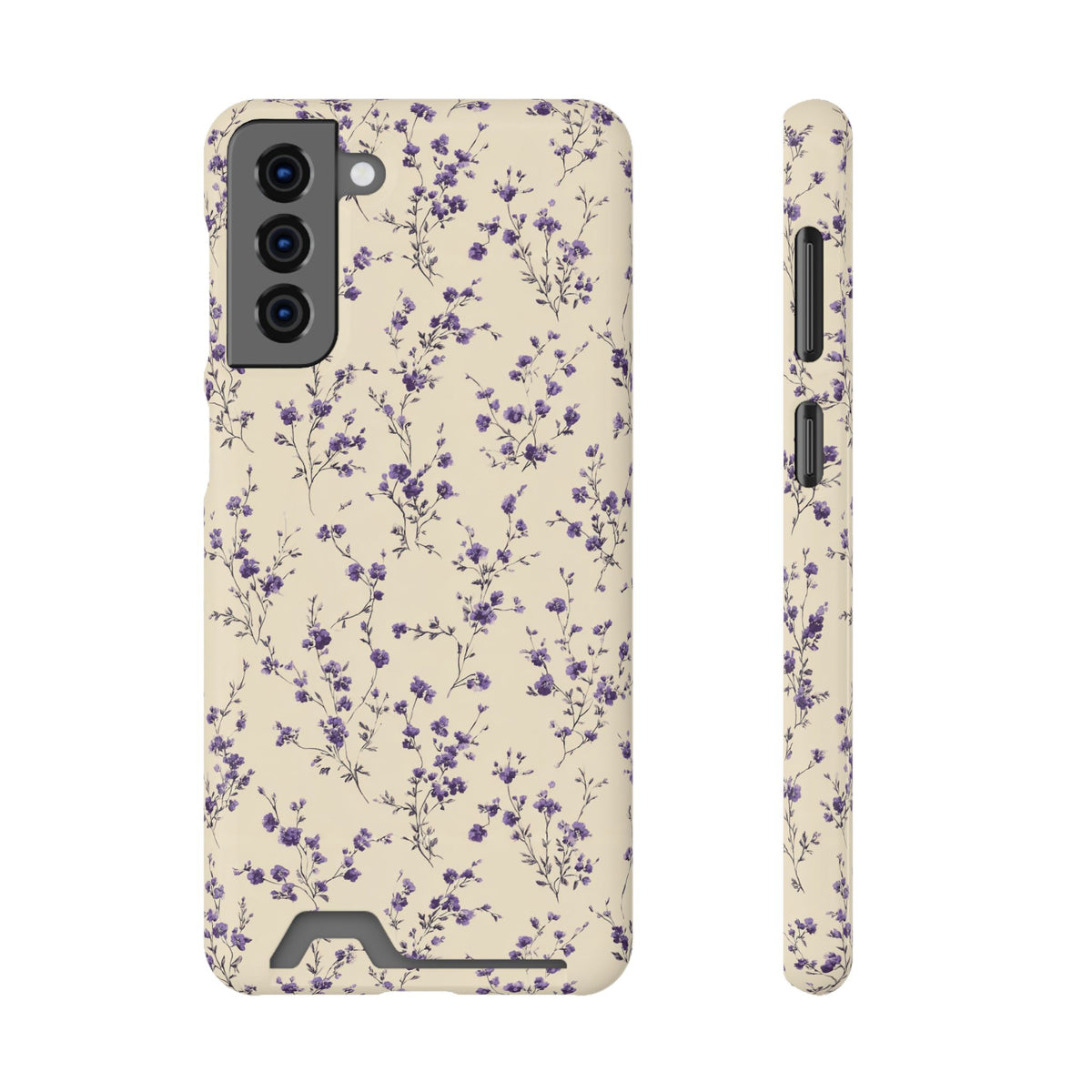 Lavender Ditsy phone case with card holder for Samsung Galaxy S21 Plus, glossy finish
