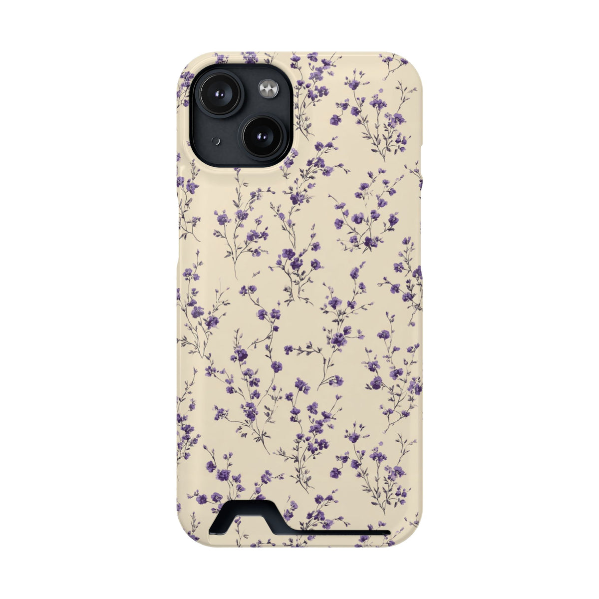 Lavender Ditsy phone case with card holder for iPhone 14, glossy finish