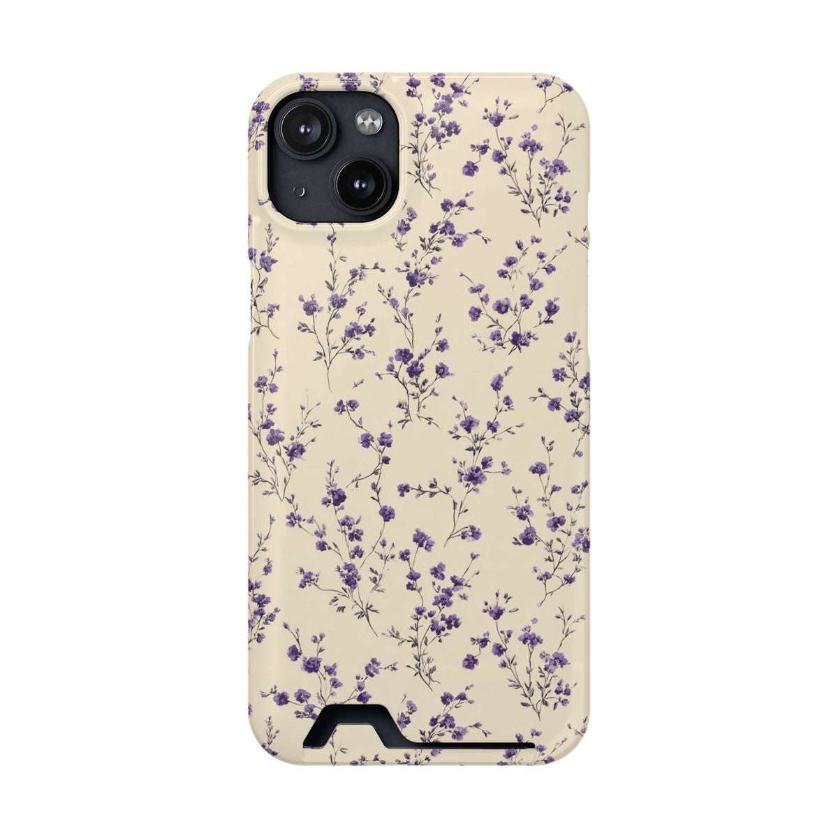 Lavender Ditsy phone case with card holder for iPhone 14 Plus, glossy finish