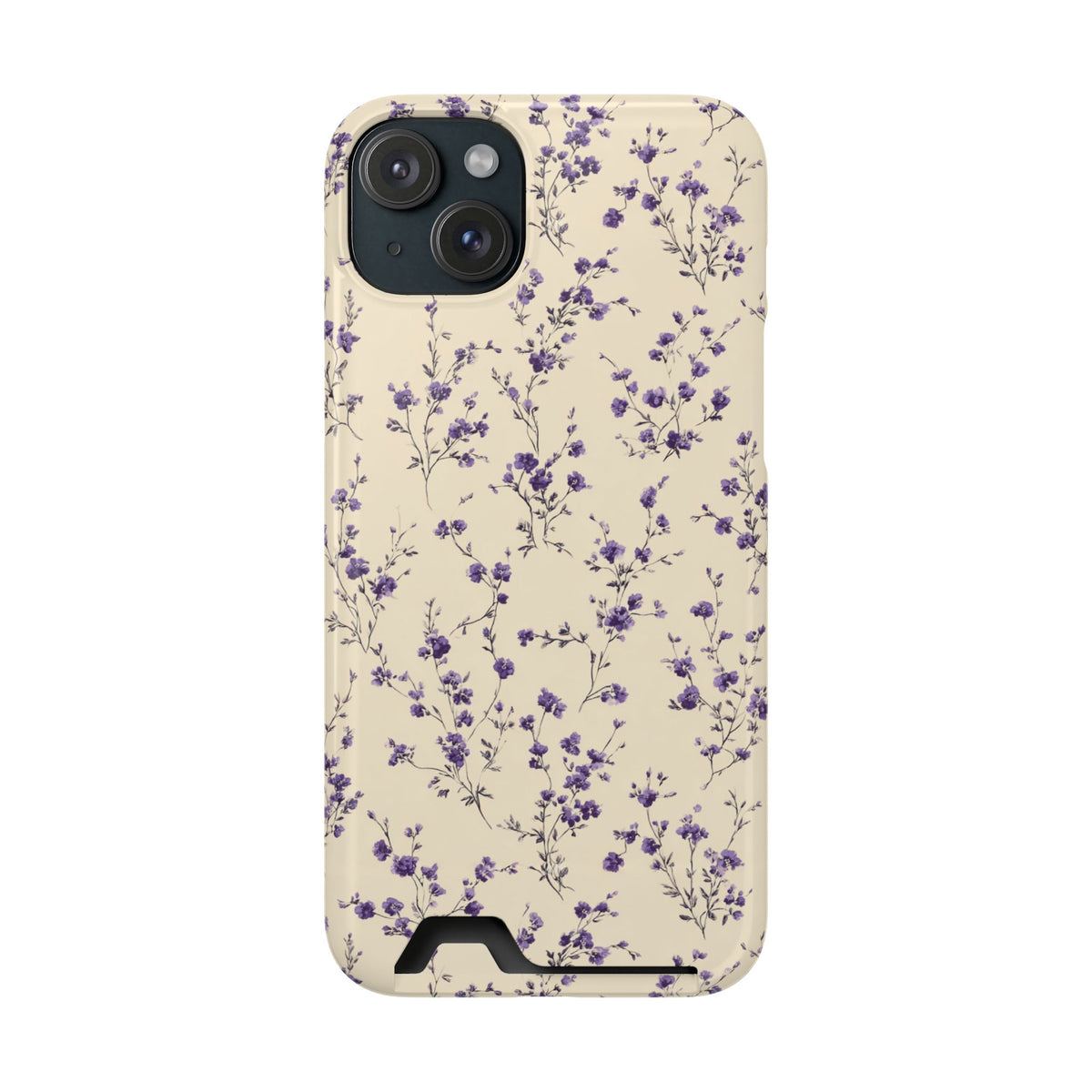 Lavender Ditsy phone case with card holder for iPhone 15 Plus, glossy finish