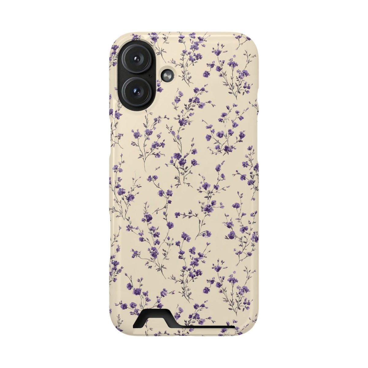 Lavender Ditsy phone case with card holder for iPhone 16 Plus, glossy finish