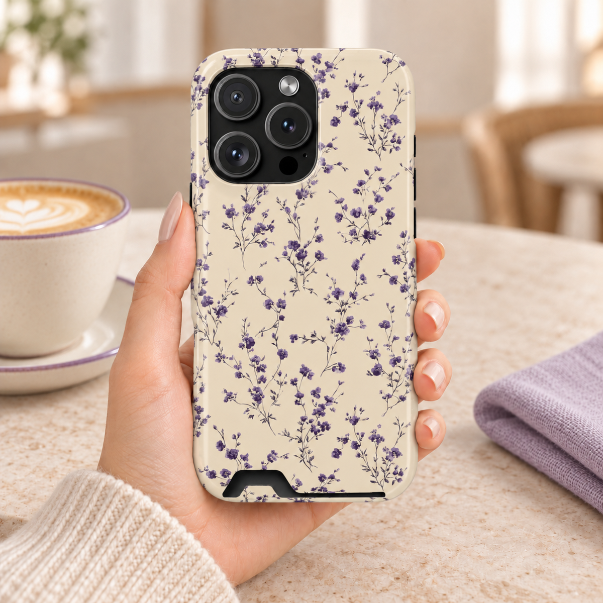 Lavender Ditsy phone case with card holder, tiny lavender flowers on cream, lifestyle photo in hand with coffee