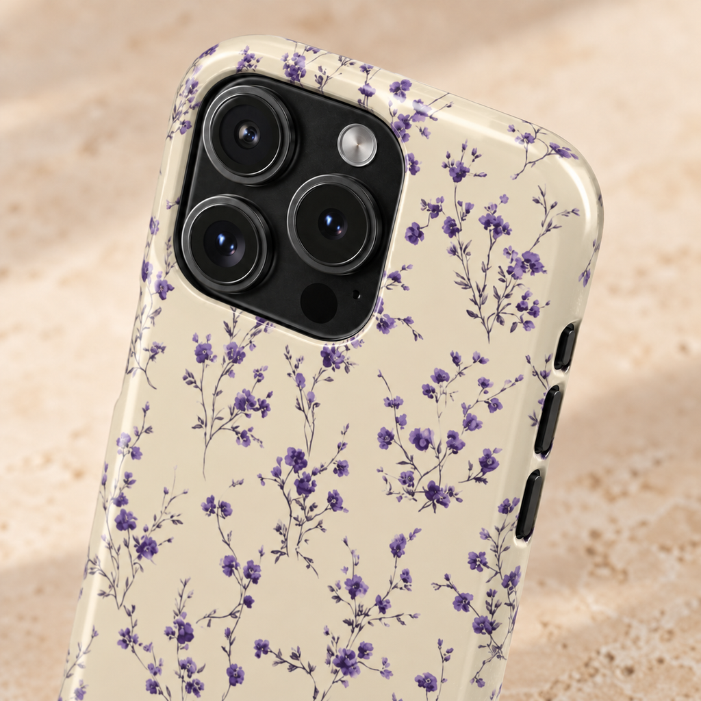 Lavender Ditsy phone case with card holder, tiny lavender flowers on cream, lifestyle close-up of the camera