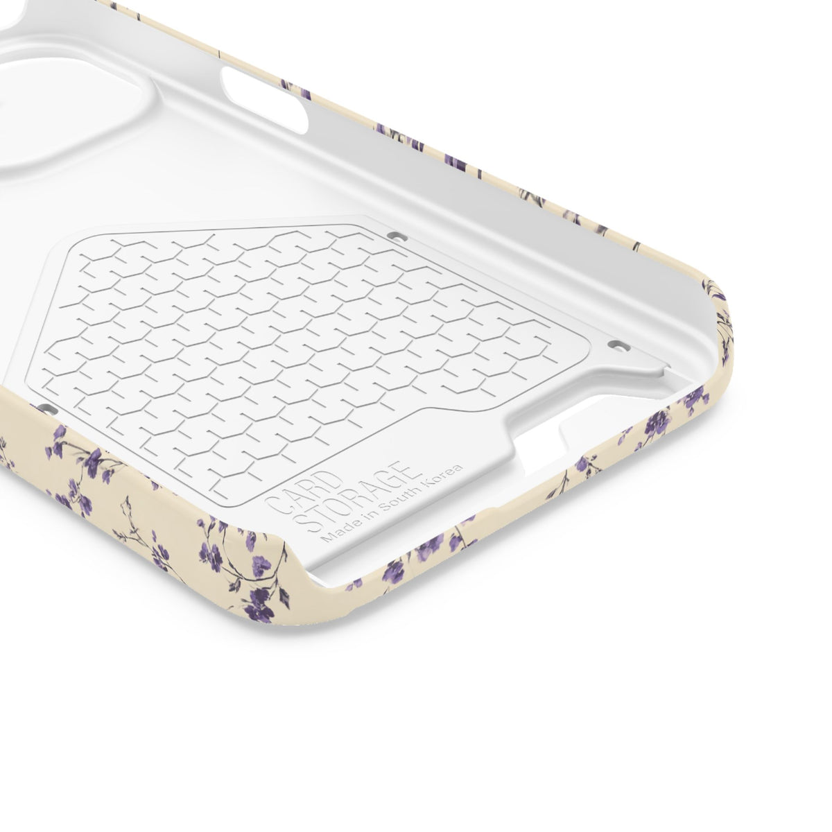 Lavender Ditsy phone case with card holder for iPhone 13, glossy finish