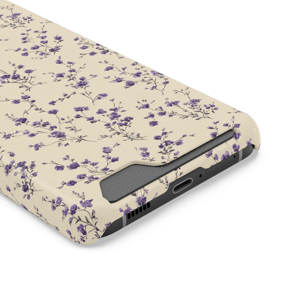 Lavender Ditsy phone case with card holder, close-up of the card slot