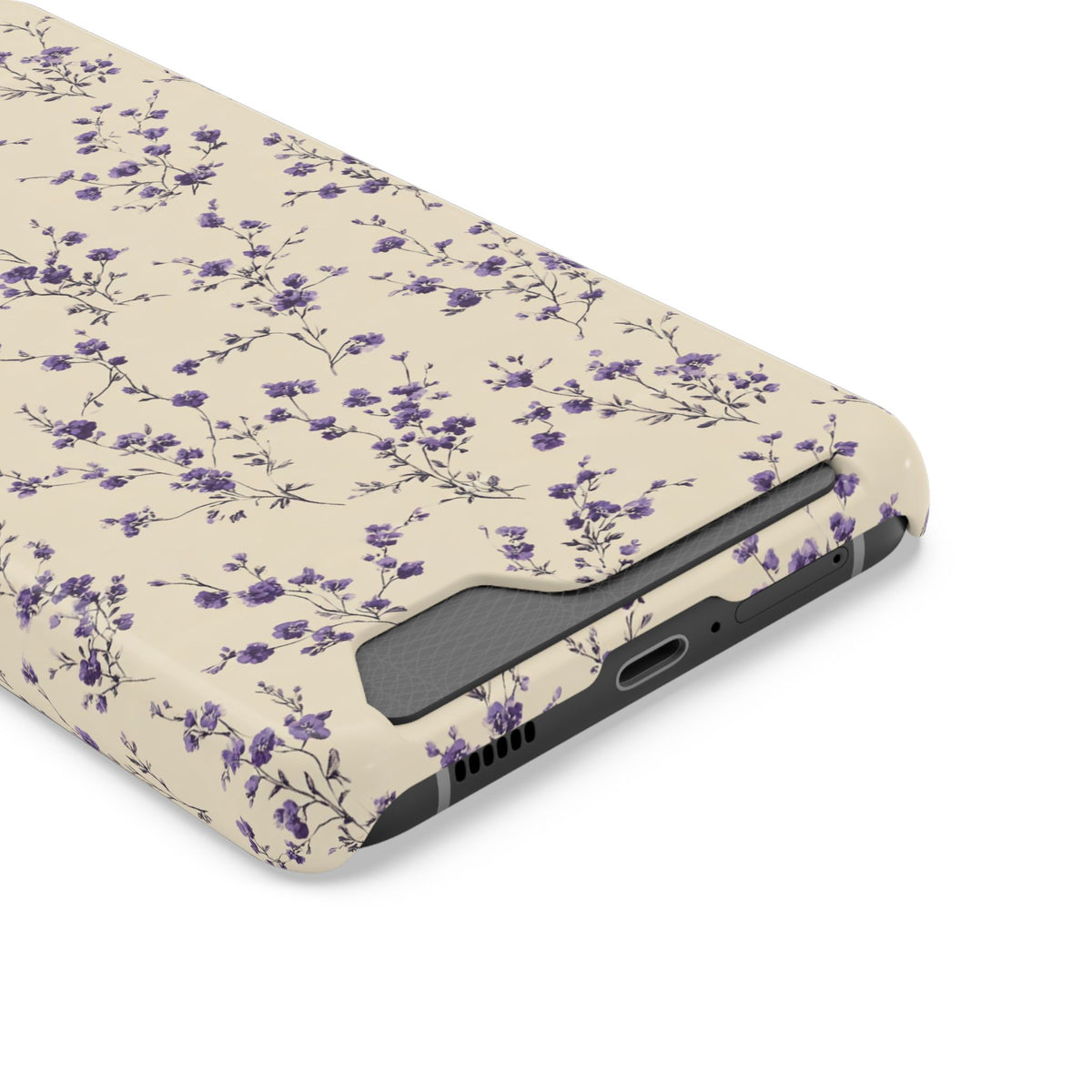 Lavender Ditsy phone case with card holder, close-up of the card slot