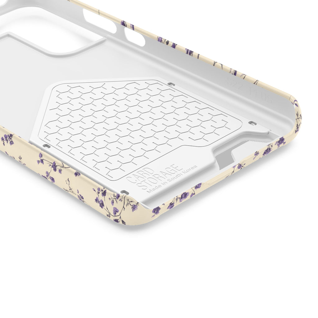 Lavender Ditsy phone case with card holder, close-up of the inside