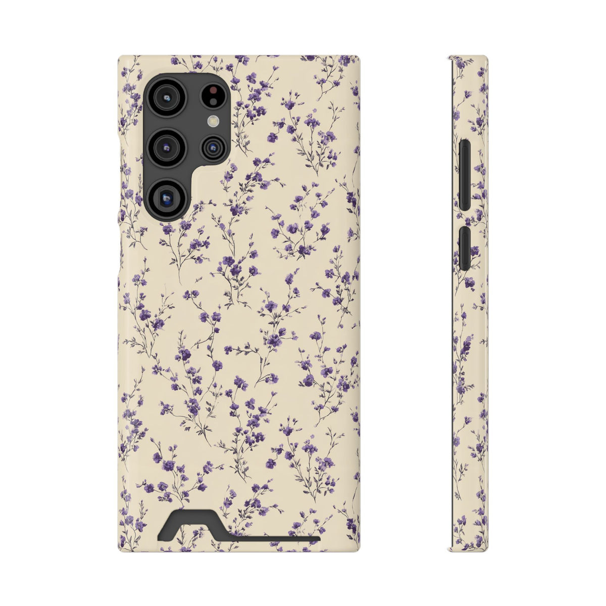 Lavender Ditsy phone case with card holder for Samsung Galaxy S22 Ultra, glossy finish