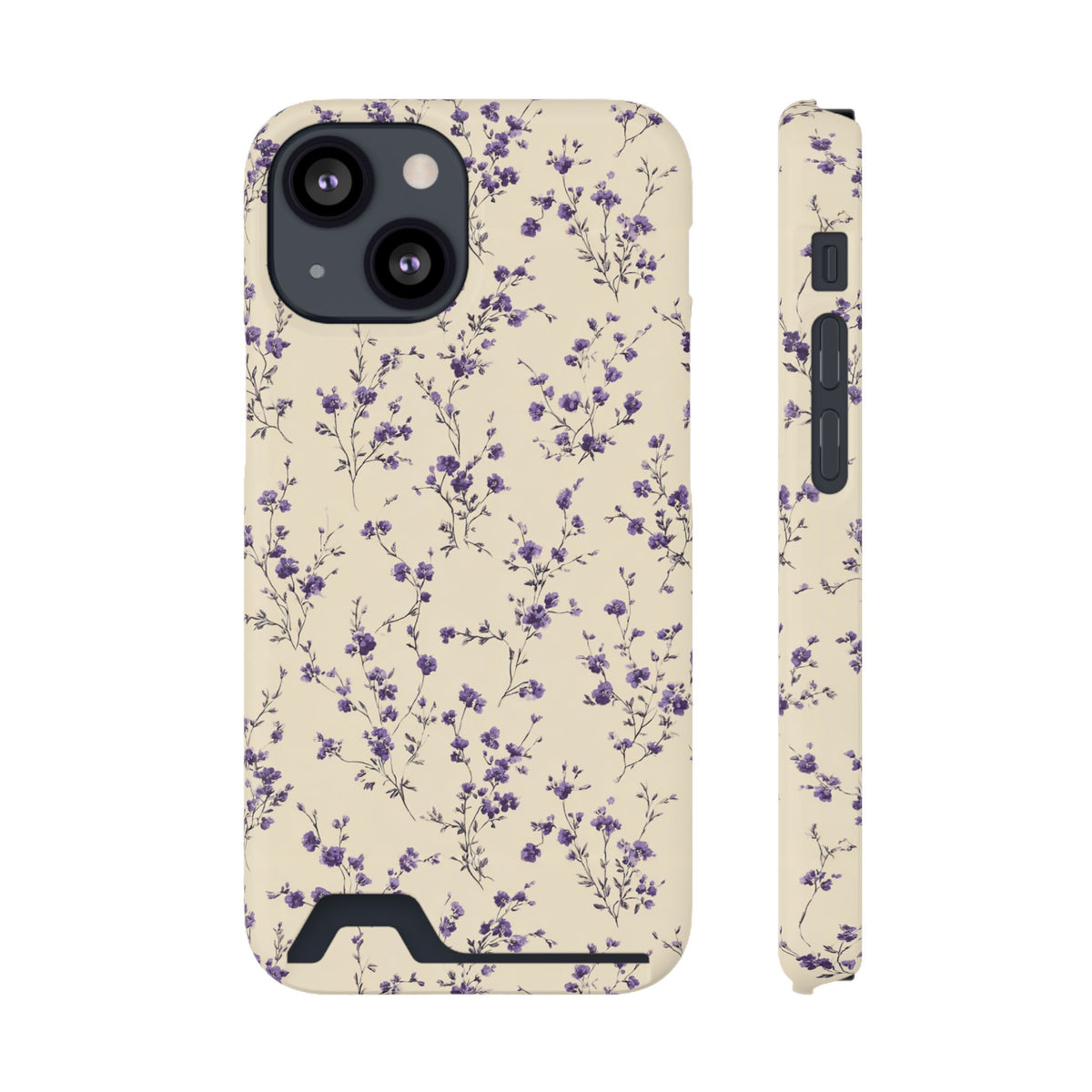 Lavender Ditsy phone case with card holder for iPhone 13 Mini, glossy finish