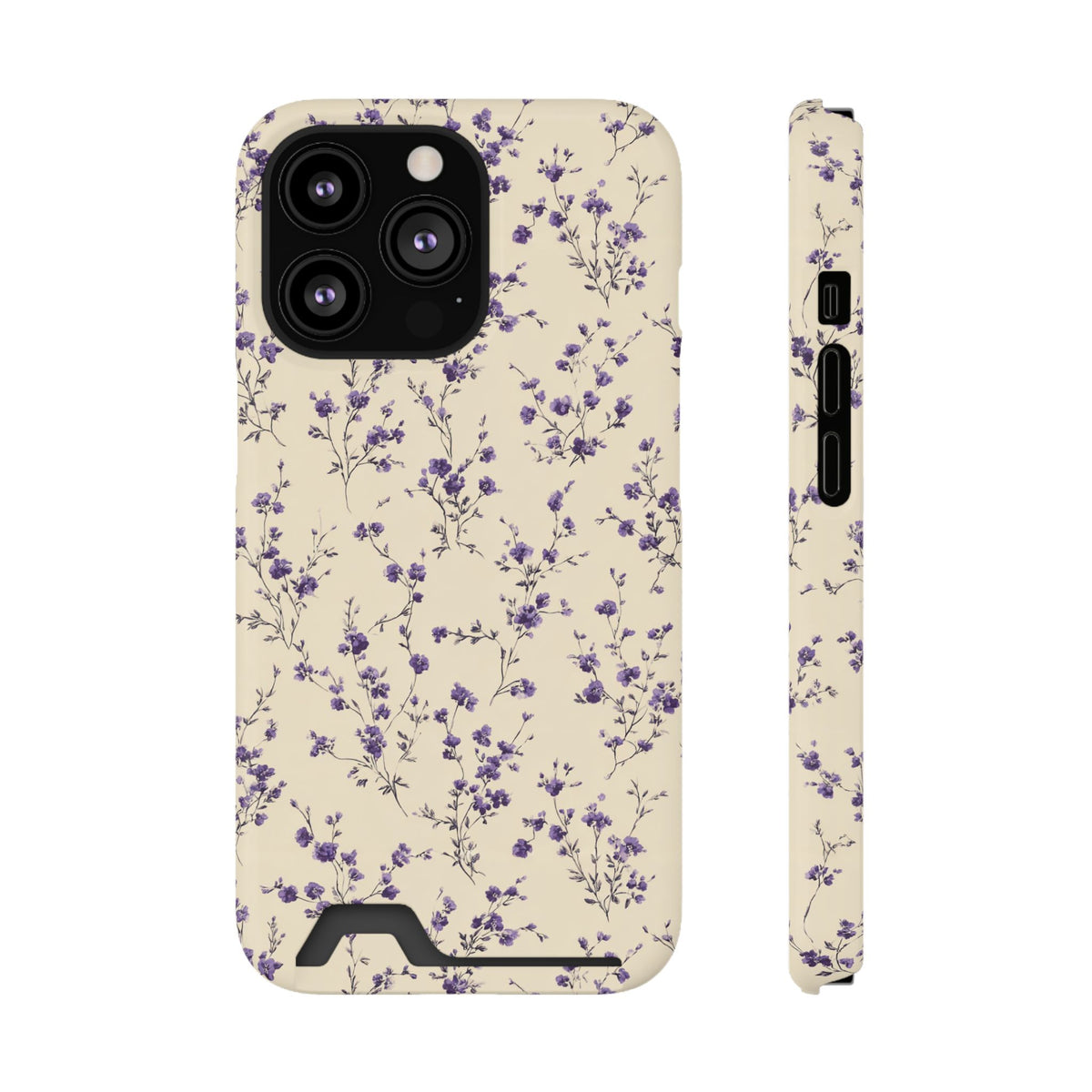 Lavender Ditsy phone case with card holder for iPhone 13 Pro, glossy finish