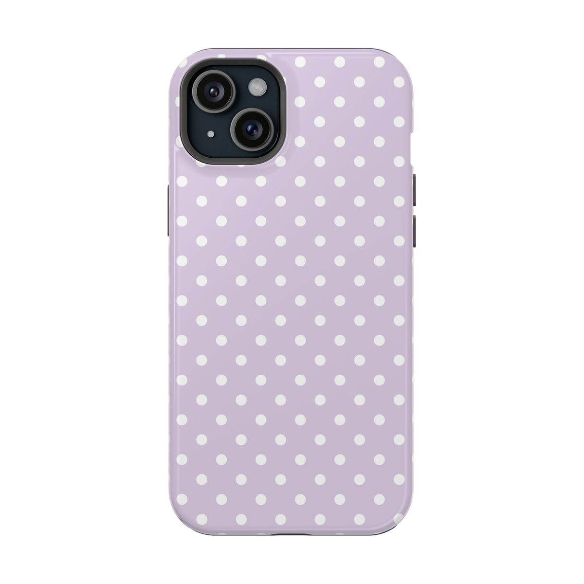Lavender Polka Dot protective phone case for iPhone 15 Plus, glossy finish