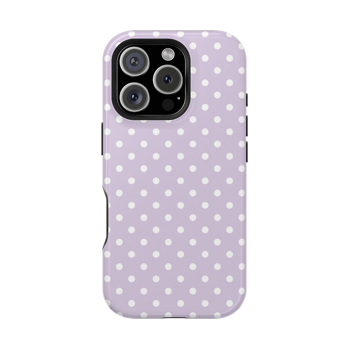 Lavender Polka Dot protective phone case for iPhone 16 Pro, glossy finish