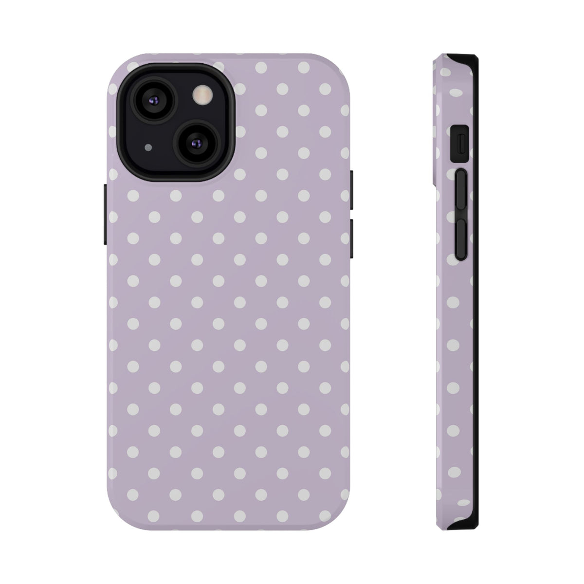 Lavender Polka Dot protective phone case for iPhone 13 Mini, glossy finish