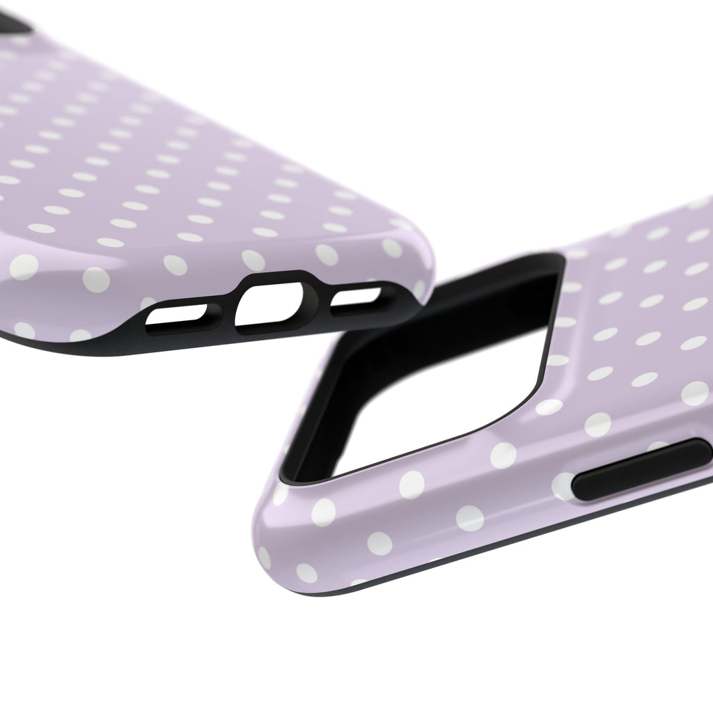 Lavender Polka Dot protective phone case, close-up at an angle