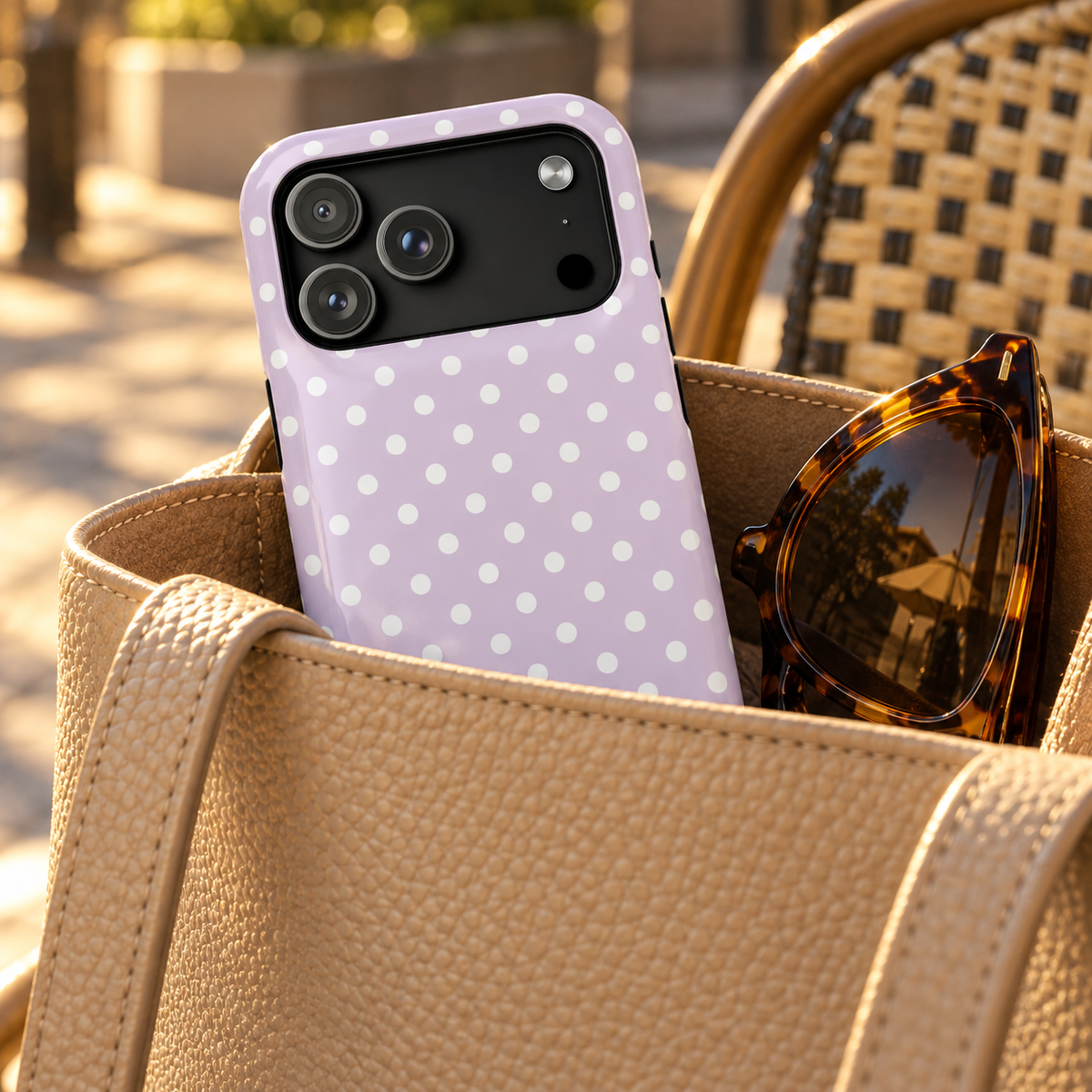 Lavender Polka Dot MagSafe case, white polka dots on soft lavender, lifestyle photo in a handbag