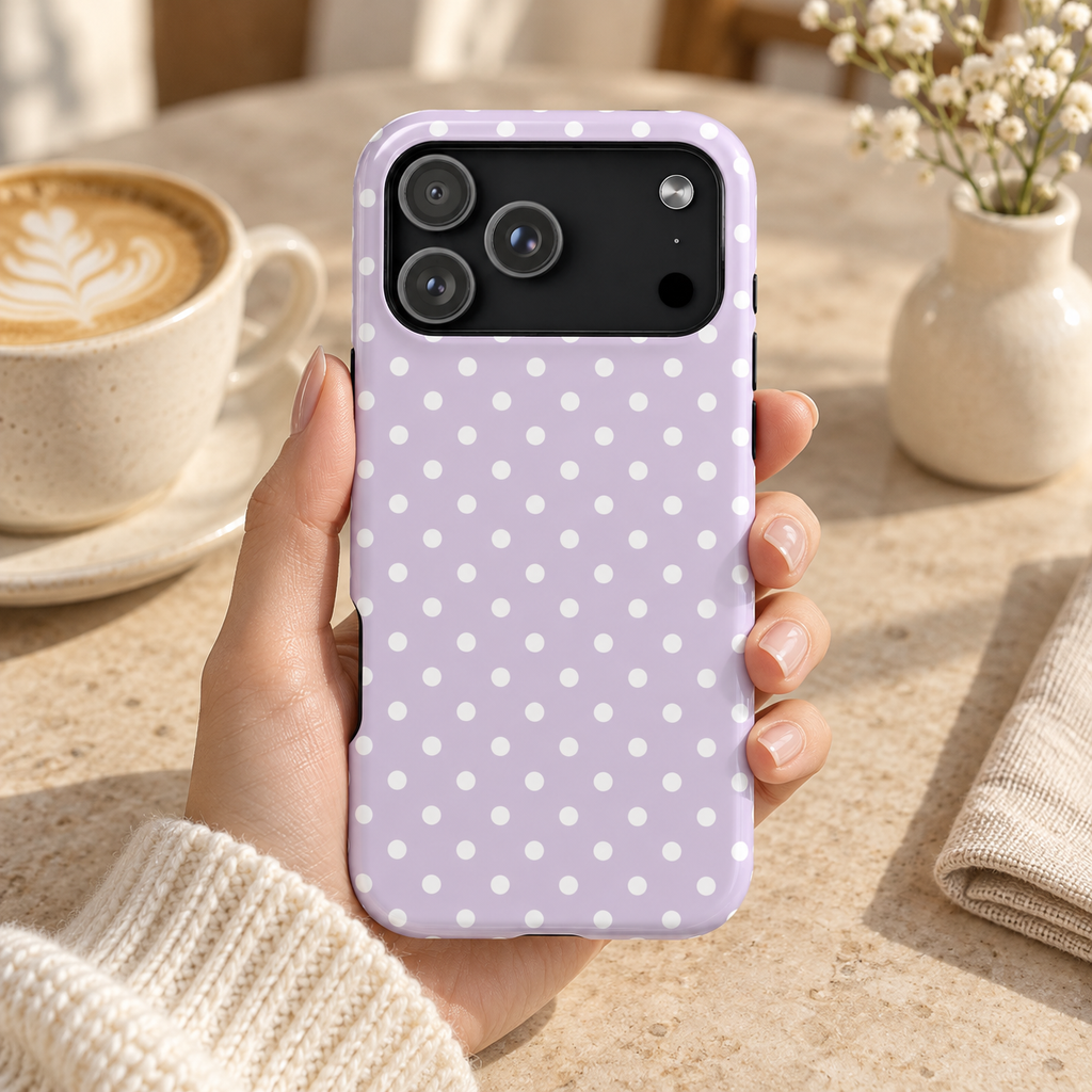 Lavender Polka Dot MagSafe case, white polka dots on soft lavender, lifestyle photo in hand with coffee