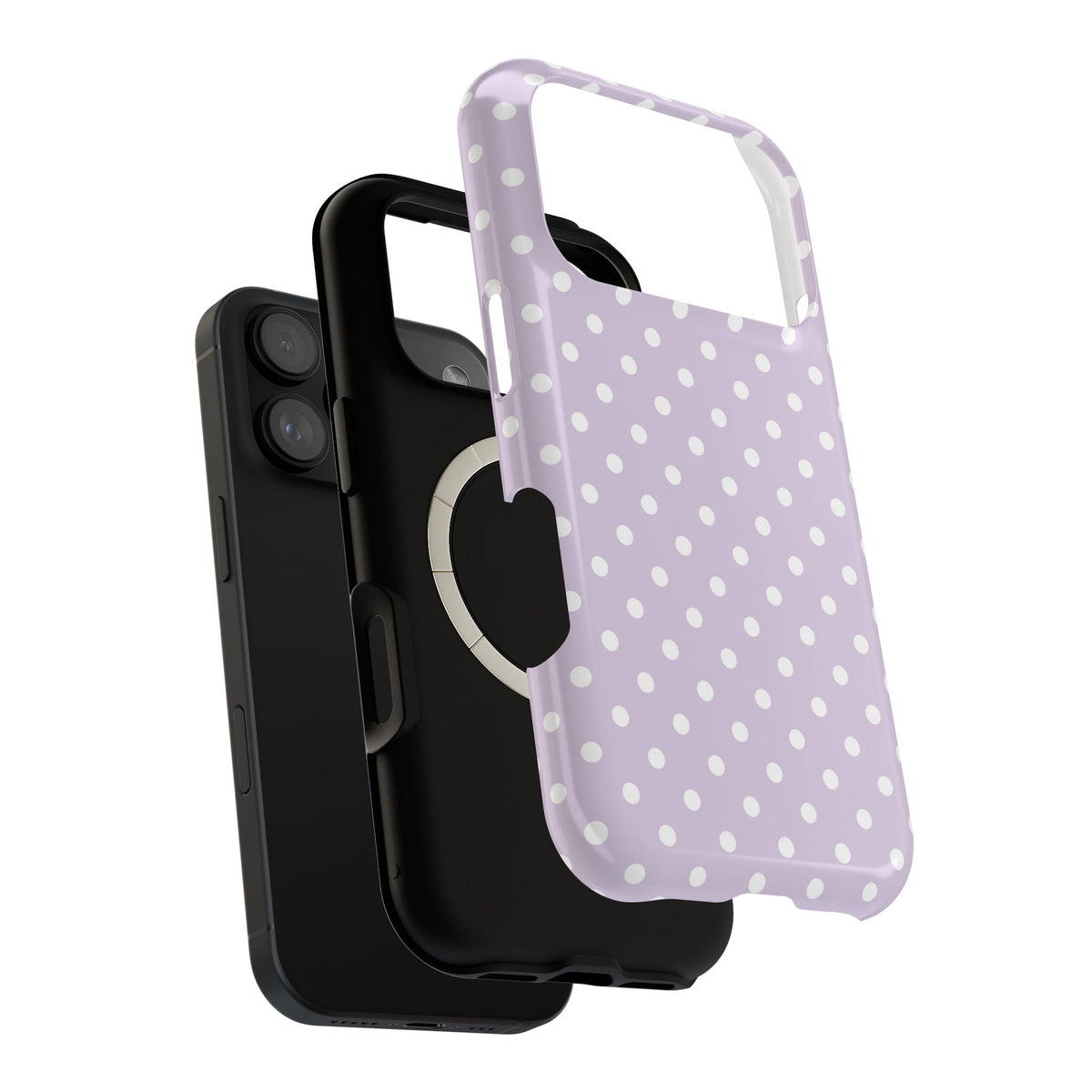 Lavender Polka Dot MagSafe case, close-up of the dual-layer construction