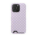 Lavender Polka Dot phone case with card holder for iPhone 16 Pro, glossy finish