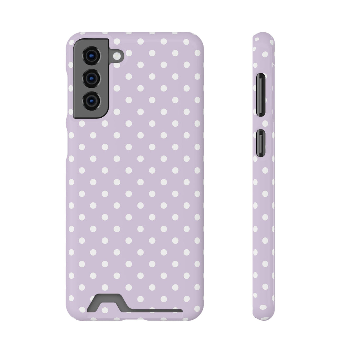 Lavender Polka Dot phone case with card holder for Samsung Galaxy S21 Plus, glossy finish