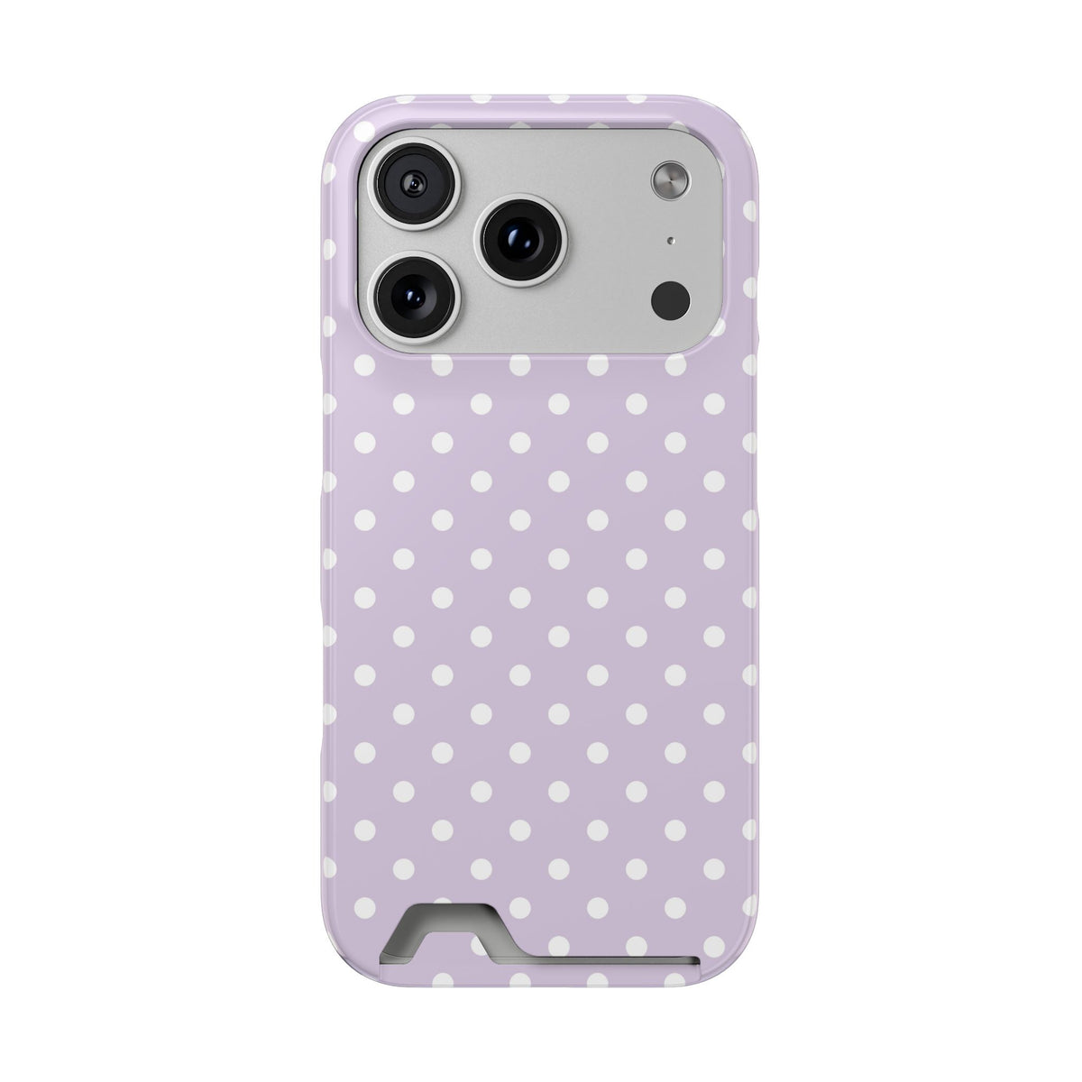 Lavender Polka Dot phone case with card holder for iPhone 17 Pro, glossy finish