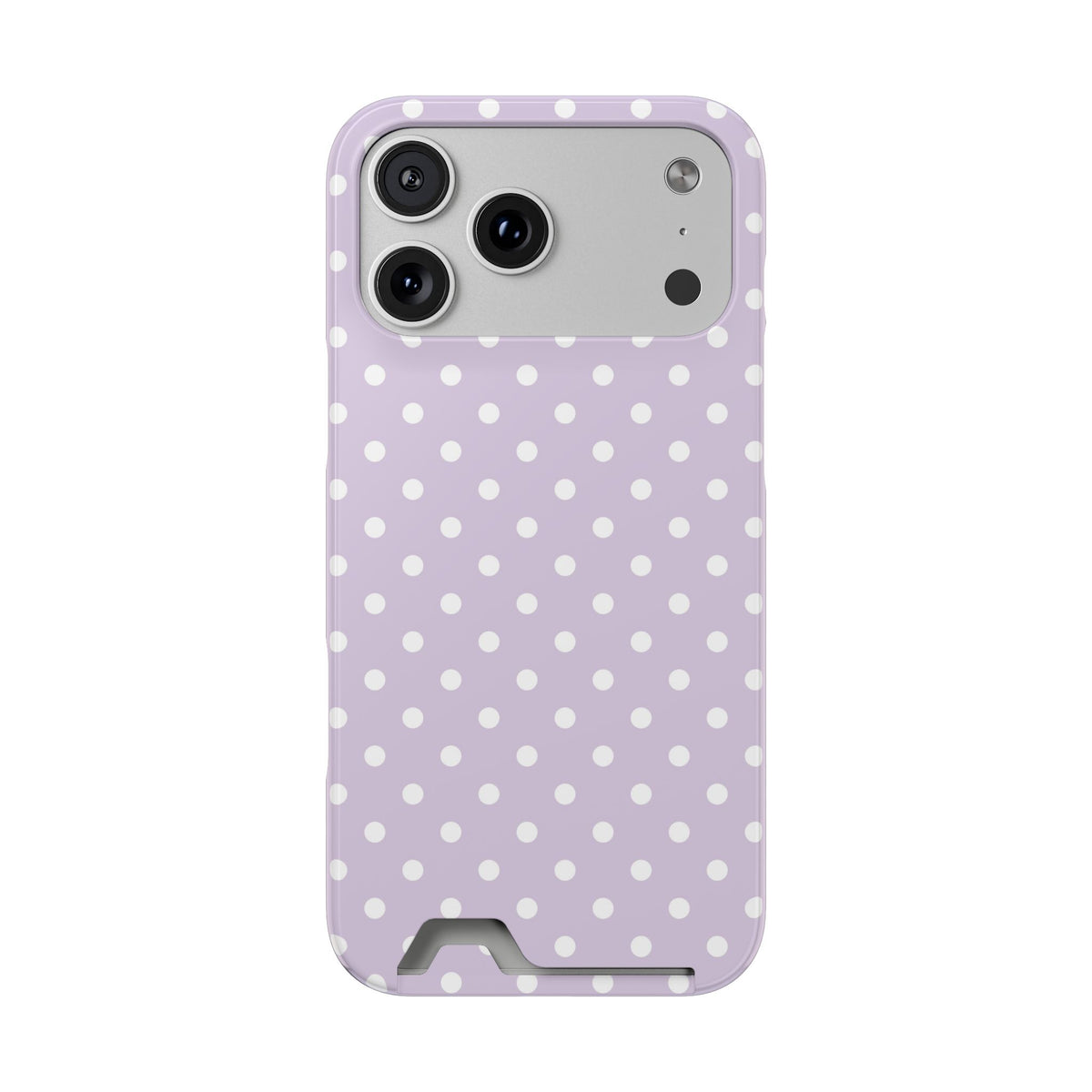 Lavender Polka Dot phone case with card holder for iPhone 17 Pro Max, glossy finish
