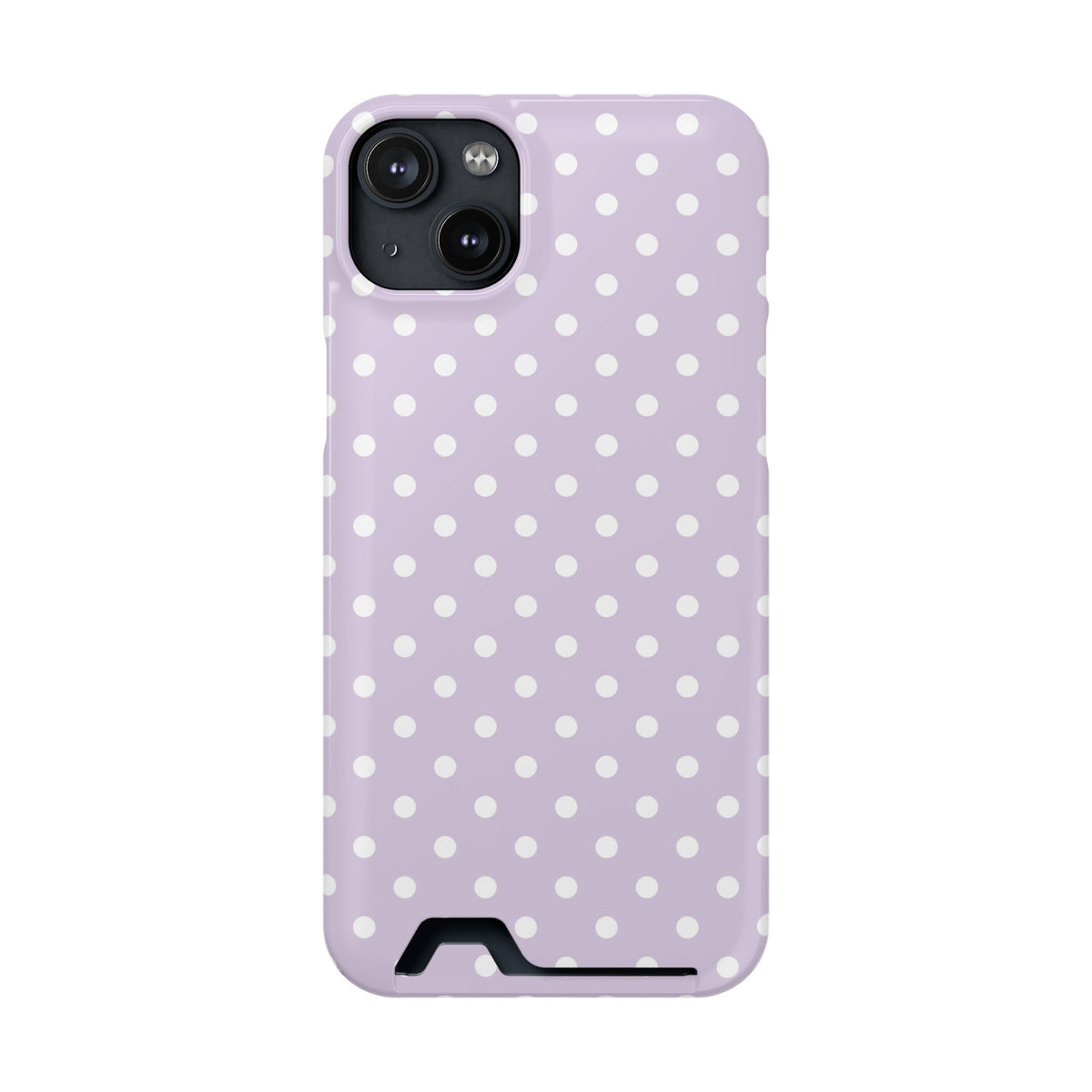 Lavender Polka Dot phone case with card holder for iPhone 14 Plus, glossy finish