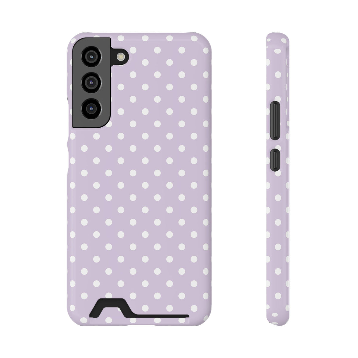 Lavender Polka Dot phone case with card holder for Samsung Galaxy S22 Plus, glossy finish