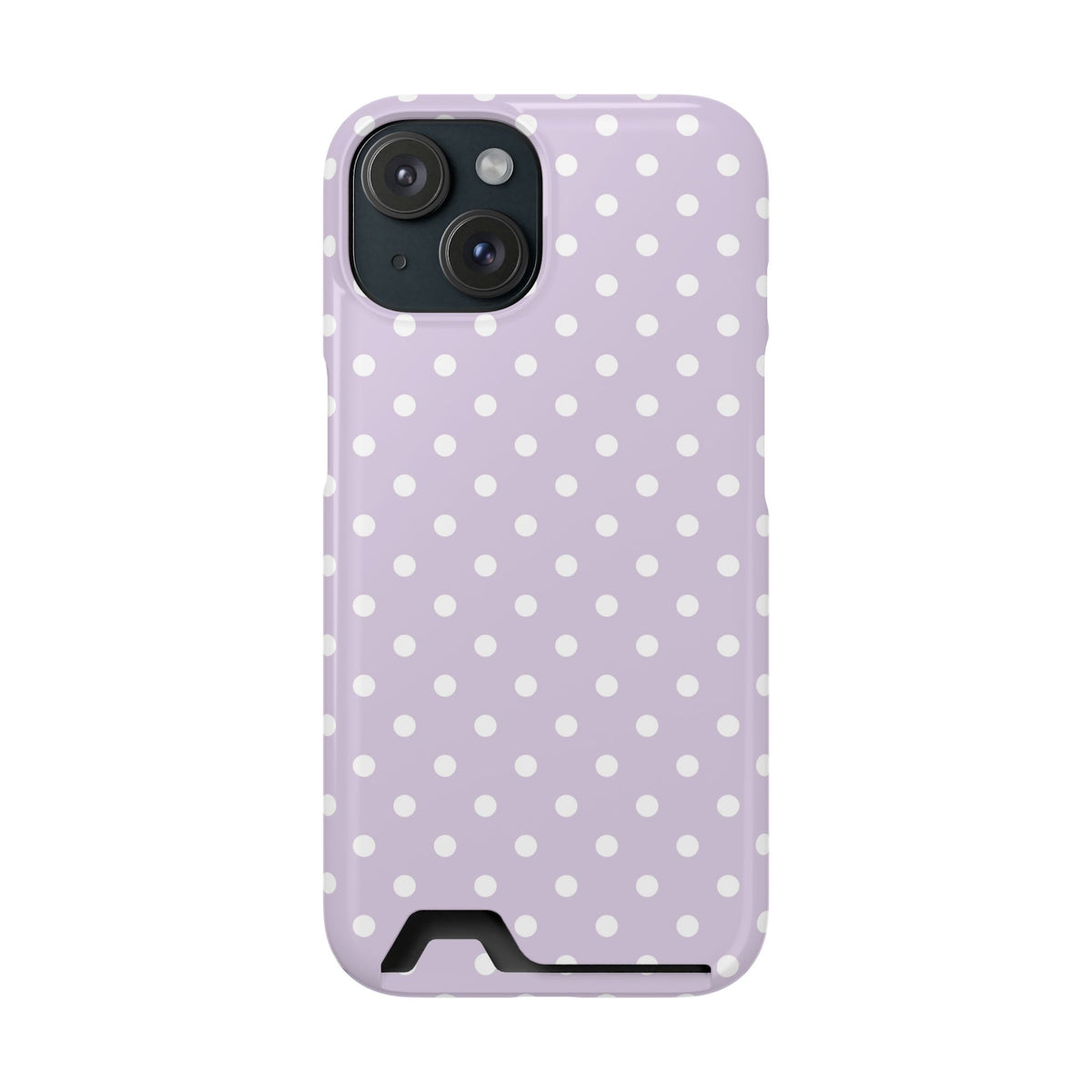 Lavender Polka Dot phone case with card holder for iPhone 15, glossy finish