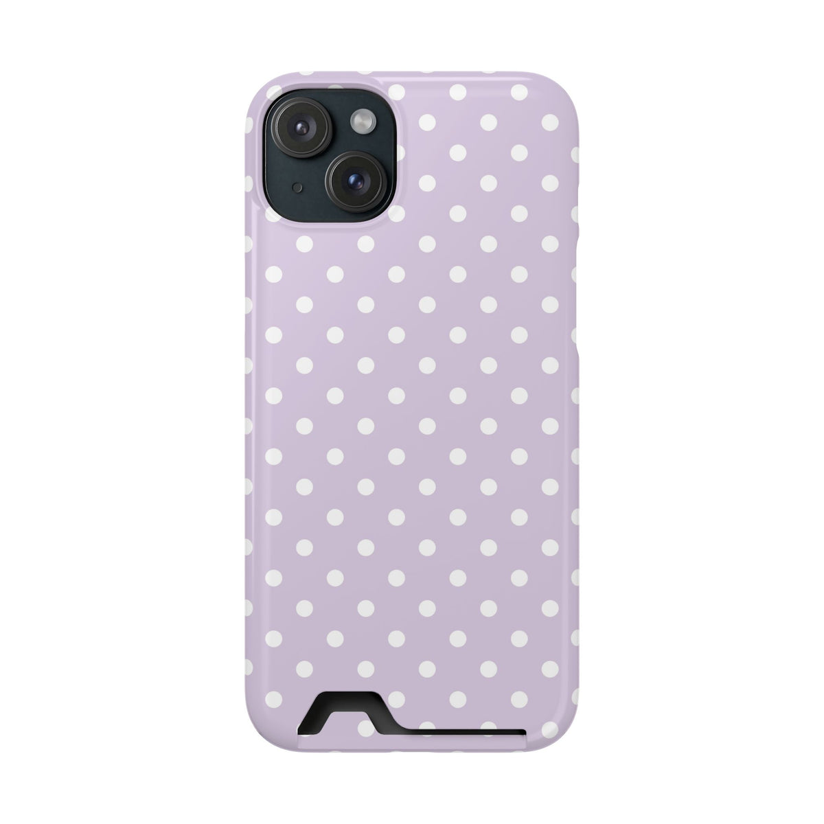 Lavender Polka Dot phone case with card holder for iPhone 15 Plus, glossy finish