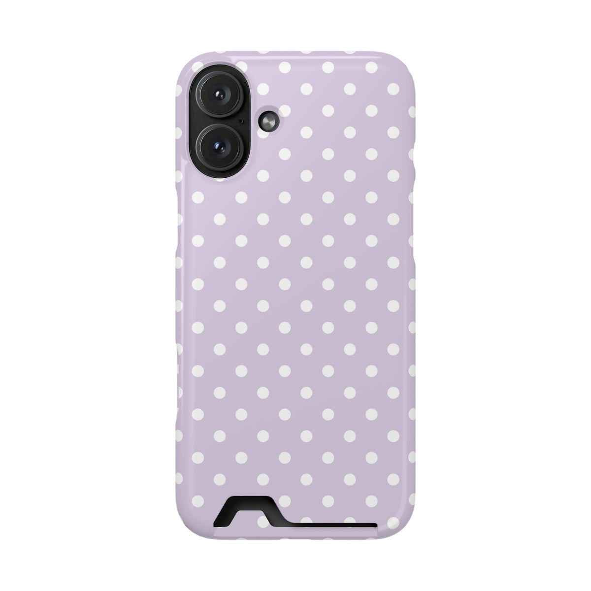 Lavender Polka Dot phone case with card holder for iPhone 16 Plus, glossy finish