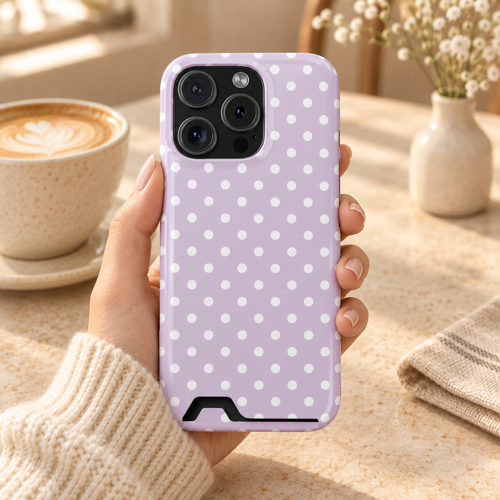 Lavender Polka Dot phone case with card holder, white polka dots on soft lavender, lifestyle photo in hand with coffee