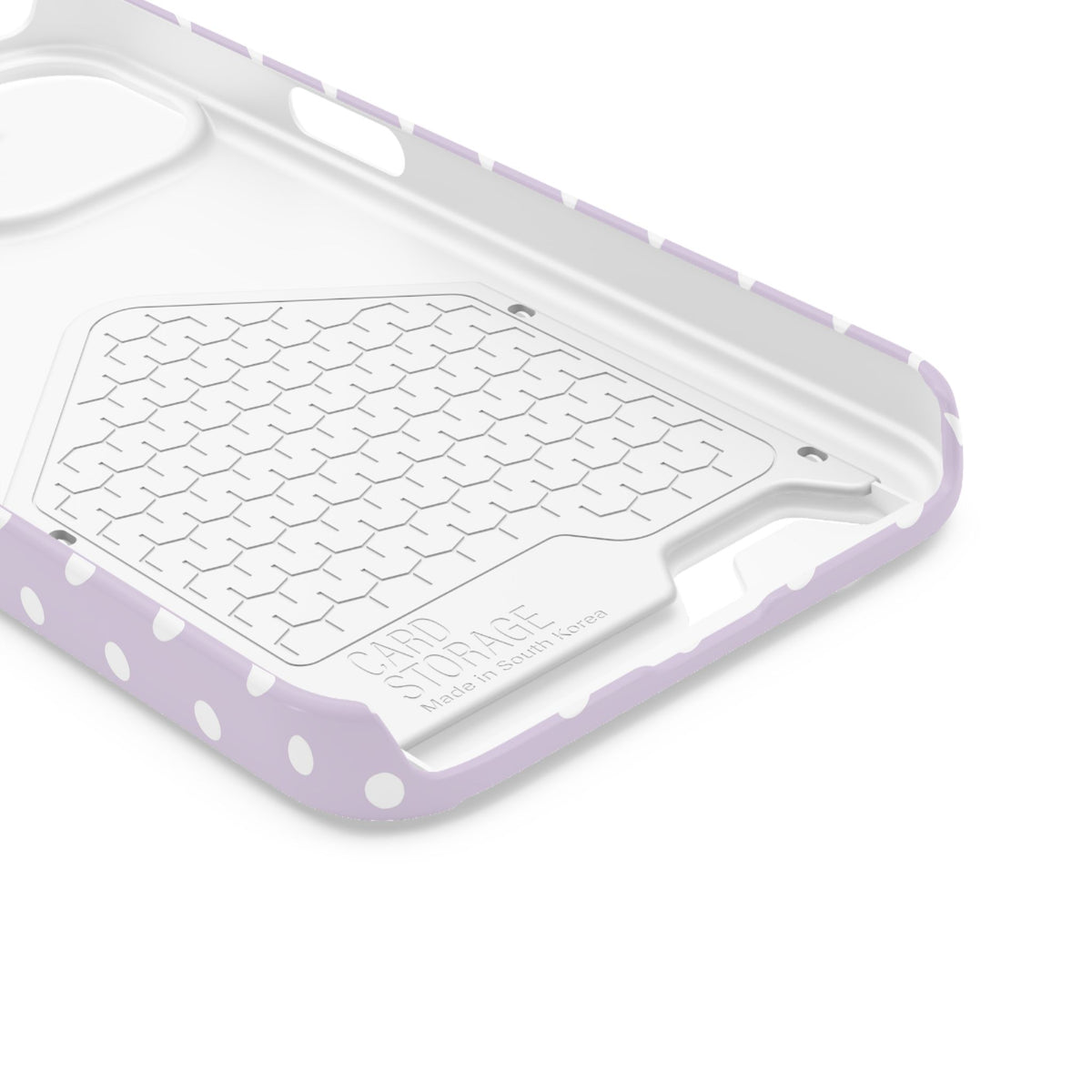 Lavender Polka Dot phone case with card holder for iPhone 13, glossy finish