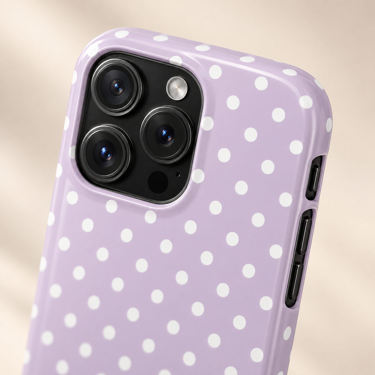 Lavender Polka Dot phone case with card holder, white polka dots on soft lavender, lifestyle close-up of the camera
